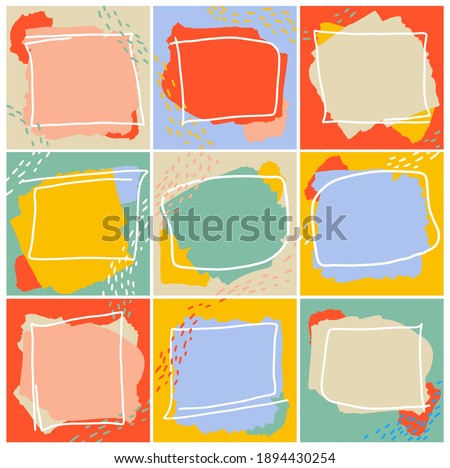 Trendy kids square color templates with doodle geometric elements. For social media posts, mobile apps, banners design and web. backgrounds set. Vector illustration