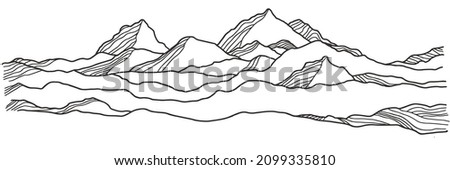 Mountain background. Snow landscape line illustration. Sketch drawing. Nature background. Doodle vector.