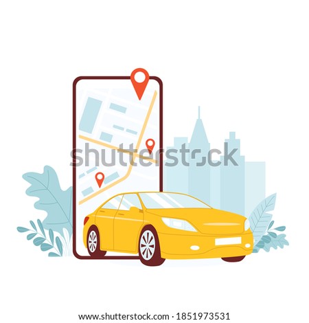 The concept of a car sharing application for a smartphone, geolocation on the city map, fast online taxi search, car rental. Isolated on white background vector illustrations.