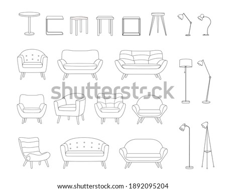 Set of furniture for a living room or office in outline style. Sofa, armchair, lamp, table. Items for the design of the apartment are drawn with a black line. Vector illustration isolated on white