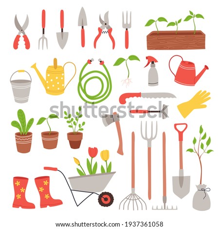 Set of gardening items in hand drawn style. Various agricultural and garden tools for spring work. Growing potted plants, seedling. Vector clip art illustration isolated on white background
