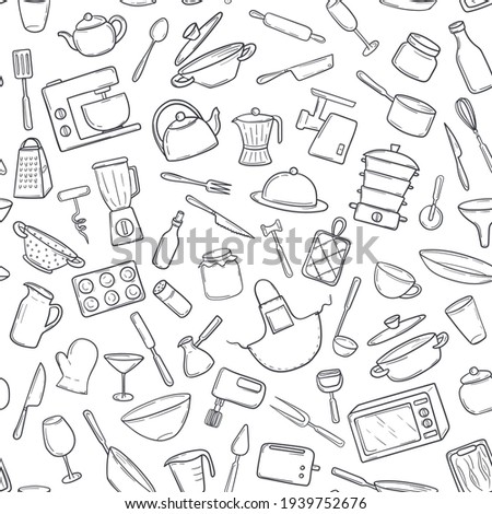 Seamless pattern  kitchen cooking tools in a hand-drawn doodle style. Household utensils appliances, utensils, for textile print, wrapping paper, card. Vector illustration on white background