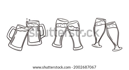 Two gig glasses with craft beer, foam, and bubbles. Clinking glasses, tankards in doodle style. Low alcohol drinks in hand drawn sketch. Vector illustration isolated on white background