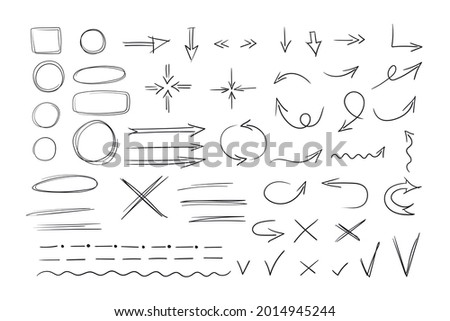 A set of selection elements in a hand-drawn doodle style. Arrows, directions, strokes, ticks, strikethroughs, underlines. Vector illustration isolated on white background
