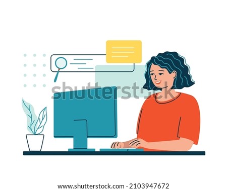 Woman with laptop working in internet. Concept of quick easy document search, system information or data organization in computer. Optimization of finding websites. Isolated flat vector illustration