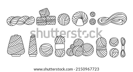 Large set of yarn for crocheting, knitting needles in doodle. Skein, ball, bobbin. Isolated vector illustration in sketch hand drawn style