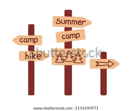 Set of wooden signposts on a tourist route. Way sign to summer camp, hiking trail.  Guidepost with arrow.  Flat isolated vector illustration