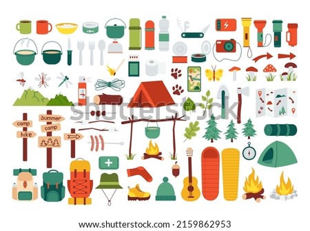 Large set of hiking equipment. Items for summer camping, trekking. Travel supplies icons for outdoor base camp. Backpack, campfire, tent, pointers, bowler hat. Isolated flat vector illustration