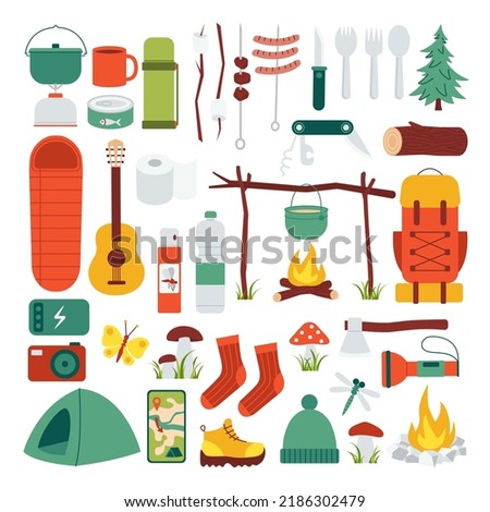 Set of hiking, camping, trekking equipment. Items for summer camp. Travel supplies icons for outdoor basecamp. Backpack, campfire, tent, pointers, bowler hat. Isolated flat vector illustration