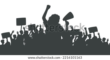 Silhouette of protesting crowd of people with raised hands and banners. Woman with loudspeaker. Peaceful protest for human rights. Demonstration, rally, strike, revolution. Isolated vector illustration