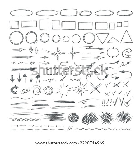 Large set doodle text highlight elements with imitation pencil. Hand drawn selection icons. Circle, oval, direction, stroke, tick, underline, strikethrough, arrow, line, square. Vector illustration