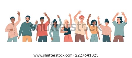 Group of diverse friendly young men and women with hands raised in greeting gesture, business team. Portrait composition. Different nations people waving hand and saying hello.Flat vector illustration Foto stock © 