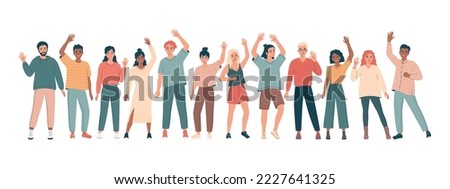 Growd of diverse friendly young men and women standing in long line with hands raised in greeting gesture. Welcome concept. Different nations people waving hand and saying hi. Flat vector illustration