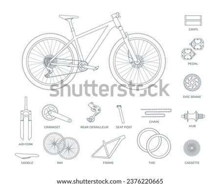 Mountain bike with a set of parts and titles in outline sketch stile. Collection of bicycle elements for cross country, mtb, downhill. Vector realistic isolated illustration in line