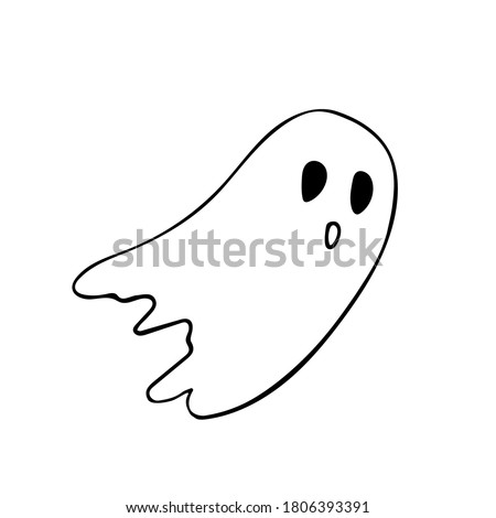 Ghost flying halloween doodle vector icon. Hand drawn halloween decor element illustration. Spooky ghost with black eyes silhouette design symbol. Funny monster sketch sign isolated drawing