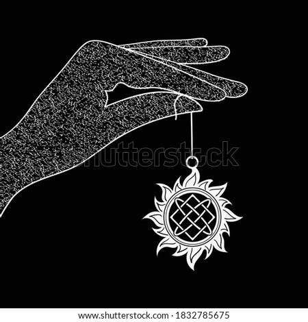 Hand holds amulet Lada star in the sun. Esoteric jewellery. Talisman. Line illustration. Sacred magic symbol outline drawing. Vector slavic amulet isolated on black background
