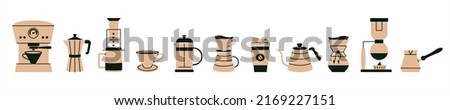Alternative coffee brewing methods and tools cliparts. Set of coffee machine, hario, utensils, french press, moka, cup, kettle icon. Hand drawn isolated elements for cafe, menu, coffee shop