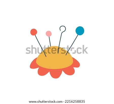 Needle cushion for sewing flat color vector object. Pincushion used to store pins and needles. Fashion design and cute flower shape illustration for web graphic design