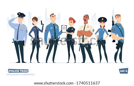 Police officers collection, police man and police woman team. Cops and officers security in uniform standing together