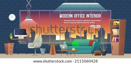 Modern office workplace. Workspace with big window with cityscape and sunset. Computer, laptop, furniture in interior