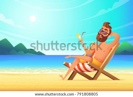 A man lies on a lounger on a sandy beach, drinks a cocktail and relaxes. Vacation at sea, vector illustration