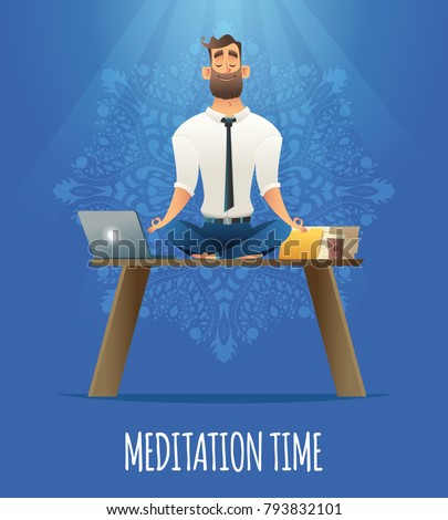 Yoga at job. Businessman relaxing in lotus position on table with computer at the desk. Cartoon style man meditation in office.