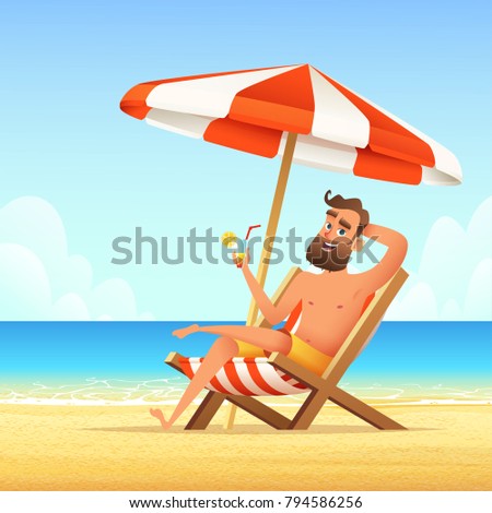 Beard man sitting on a sunbed on the beach. Happy smiling male relaxing on a chaise-longue and drink cocktail. Vector cartoon illustration. Stock foto © 