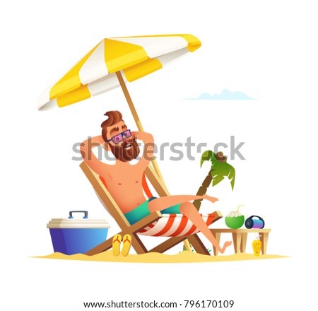 Beard man sitting on a sunbed. Happy smiling male relaxing on a chaise-longue. Vector cartoon concept Stock foto © 