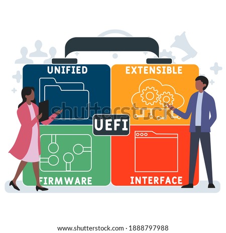 Flat design with people. UEFI - Unified Extensible Firmware Interface  acronym, business concept background.   Vector illustration for website banner, marketing materials, business presentation