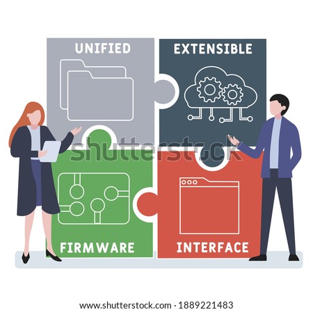 Flat design with people. UEFI - Unified Extensible Firmware Interface  acronym, business concept background.   Vector illustration for website banner, marketing materials, business presentation