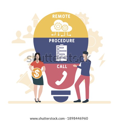 Flat design with people. RPC - Remote Procedure Call  acronym, business concept background.   Vector illustration for website banner, marketing materials, business presentation, online advertising.