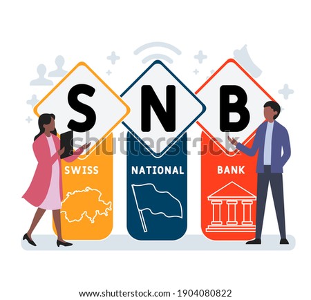 Flat design with people. SNB - Swiss National Bank acronym, business concept background.   Vector illustration for website banner, marketing materials, business presentation, online advertising.