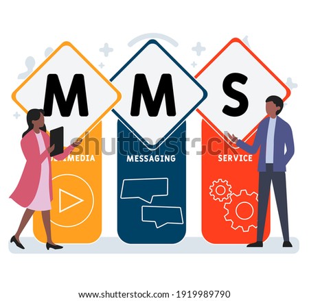 Flat design with people. MMS - Multimedia Messaging Service. acronym, business concept background.   Vector illustration for website banner, marketing materials, business presentation, online