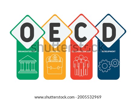 OECD -  Organisation for Economic Co operation and Development acronym. business concept background.  vector illustration concept with keywords and icons. lettering illustration with icons for web ban