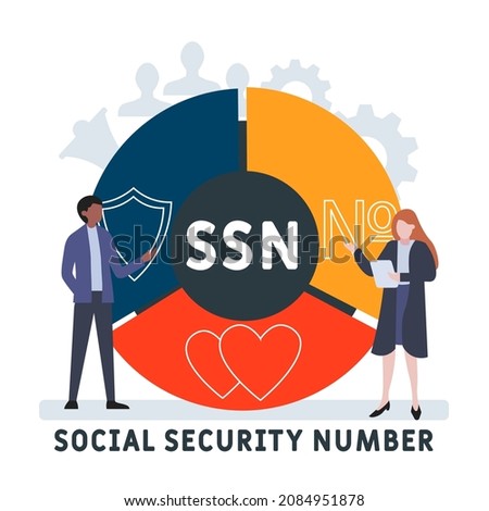 SSN - Social Security Number acronym, business   concept. word lettering typography design illustration with line icons and ornaments.  Internet web site promotion concept vector layout.