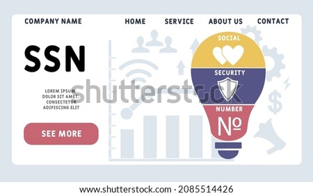 SSN - Social Security Number acronym, business   concept. word lettering typography design illustration with line icons and ornaments.  Internet web site promotion concept vector layout.