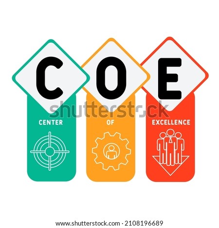 COE - Center of Excellence acronym. business concept background. vector illustration concept with keywords and icons. lettering illustration with icons for web banner, flyer, landing pag