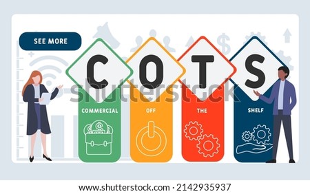 COTS - Commercial Off-the-Shelf acronym. business concept background.  vector illustration concept with keywords and icons. lettering illustration with icons for web banner, flyer, landing pag