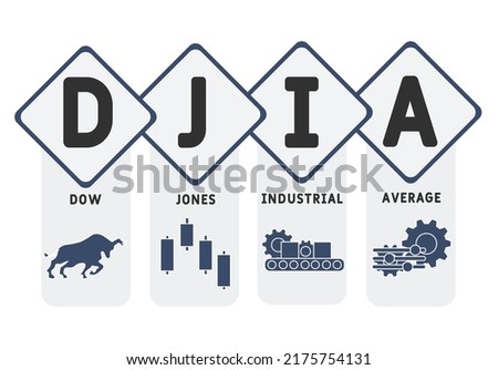 DJIA - Dow Jones Industrial Average acronym. business concept background. vector illustration concept with keywords and icons. lettering illustration with icons for web banner, flyer, landing pag