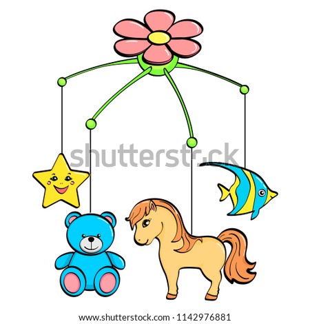 Isolated object on white background. A musical toy over a cradle for a child. The subjects are horse, flower, star, bear and fish. vector illustration
