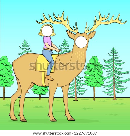 Tantamaresk stand for photography with a hole for the face. Christmas theme. Girl, child riding a deer, nature, forest, spring, summer. Vector illustration