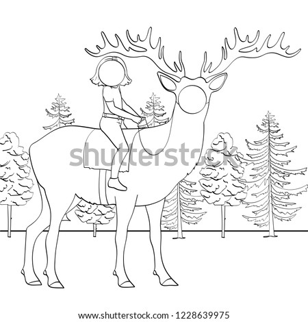Tantamaresk stand for photography with a hole for the face. Christmas theme. Girl, child riding a deer, nature, forest, spring, summer. Vector illustration children coloring, black lines.