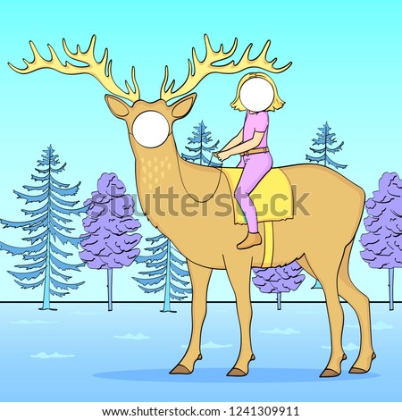 Tantamaresk stand for photography with a hole for the face. Christmas theme. Girl, child riding a deer, nature, forest, autumn winter. Vector illustration