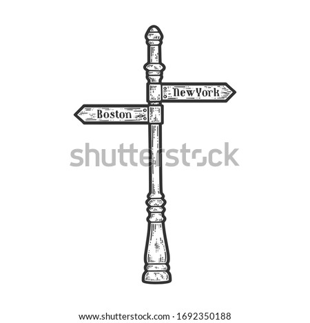 Wooden Road Sign Direction, Boston and New York. Apparel print design. Scratch board imitation. Engraving vector illustration
