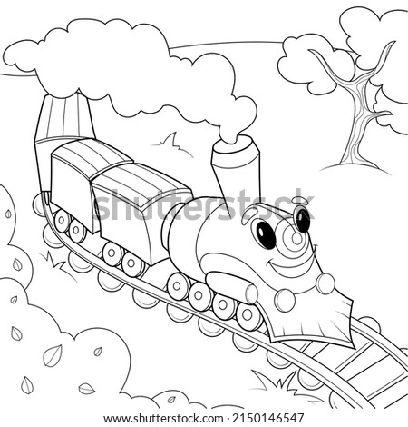 Cheerful train with a face rides on the rails in the field. Childrens coloring, black lines, white background.