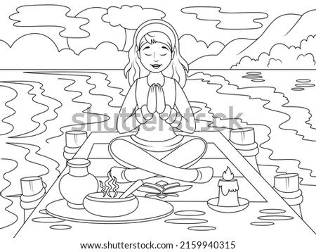 Girl is doing yoga on the pier. Psychological state in nature. Page outline of cartoon. Vector illustration, coloring book for kids.
