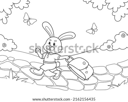 The hare is walking along the stone path with a travel suitcase. Page outline of cartoon. Vector illustration, coloring book for kids.