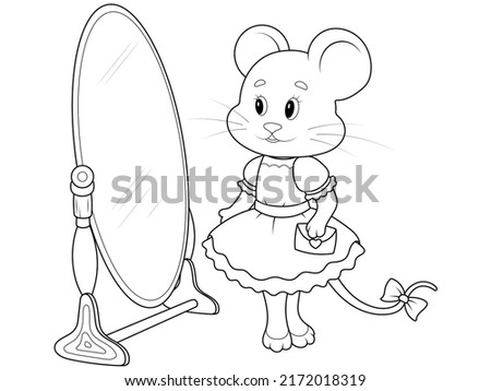 Mouse girl tries on a dress, flaunts in front of a mirror. Children coloring book, vector. Stock fotó © 