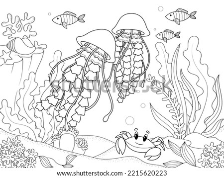 Seabed, marine animals. The jellyfish swims among algae and other fish. Coloring book, vector children.
