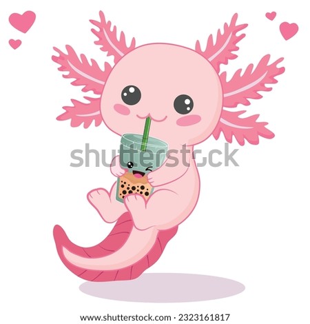Kawaii axolotl drinking boba milk tea cartoon vector illustration
